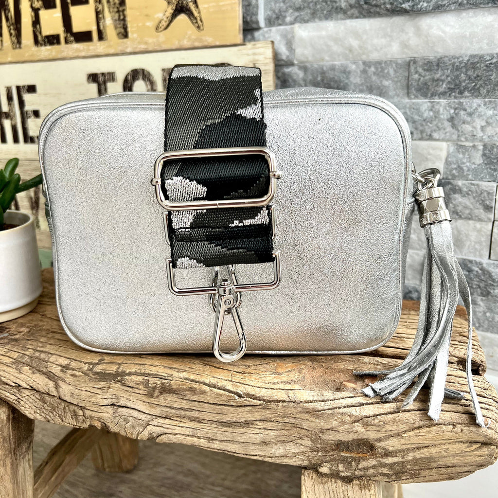 lusciousscarves Guitar Straps Silver Metallic Italian leather camera style crossbody bag with wide strap combo
