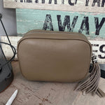 Load image into Gallery viewer, lusciousscarves Handbags Beige Leather tassel camera style crossbody bag.
