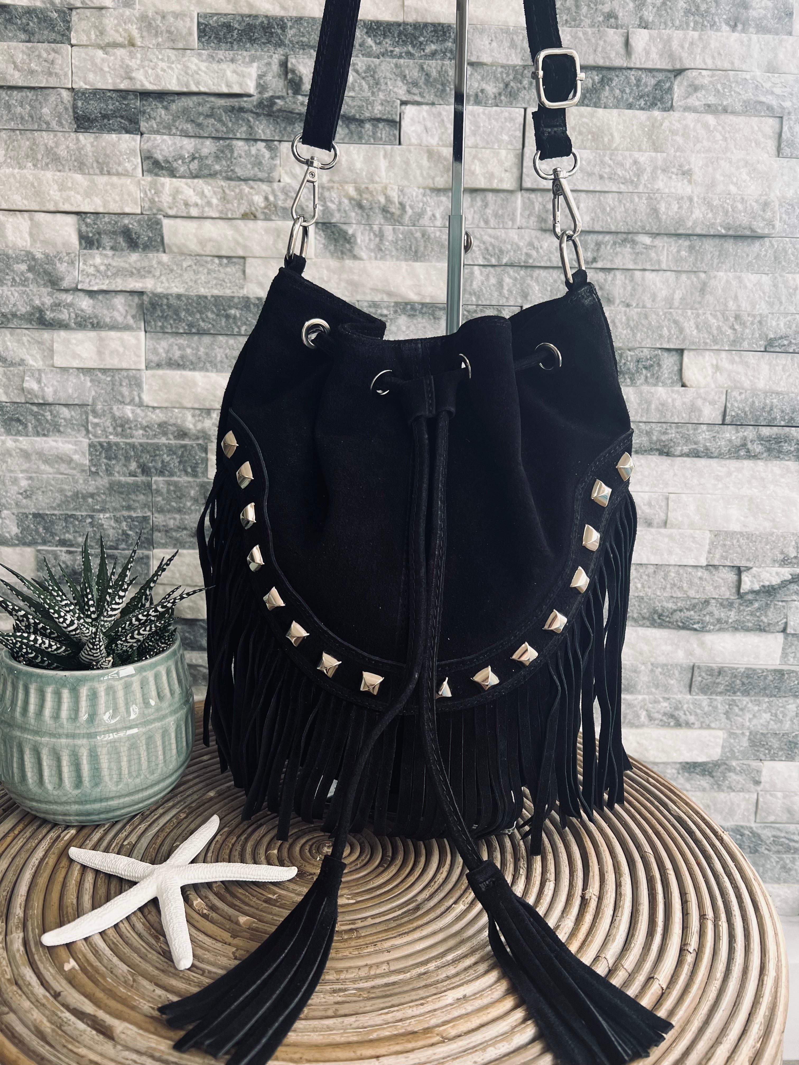 Black Leather suede fringed bucket bag – lusciousscarves