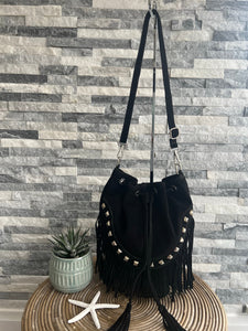 lusciousscarves Handbags Black Leather suede bucket bag with studs