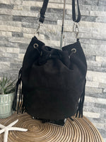 Load image into Gallery viewer, lusciousscarves Handbags Black Leather suede bucket bag with studs
