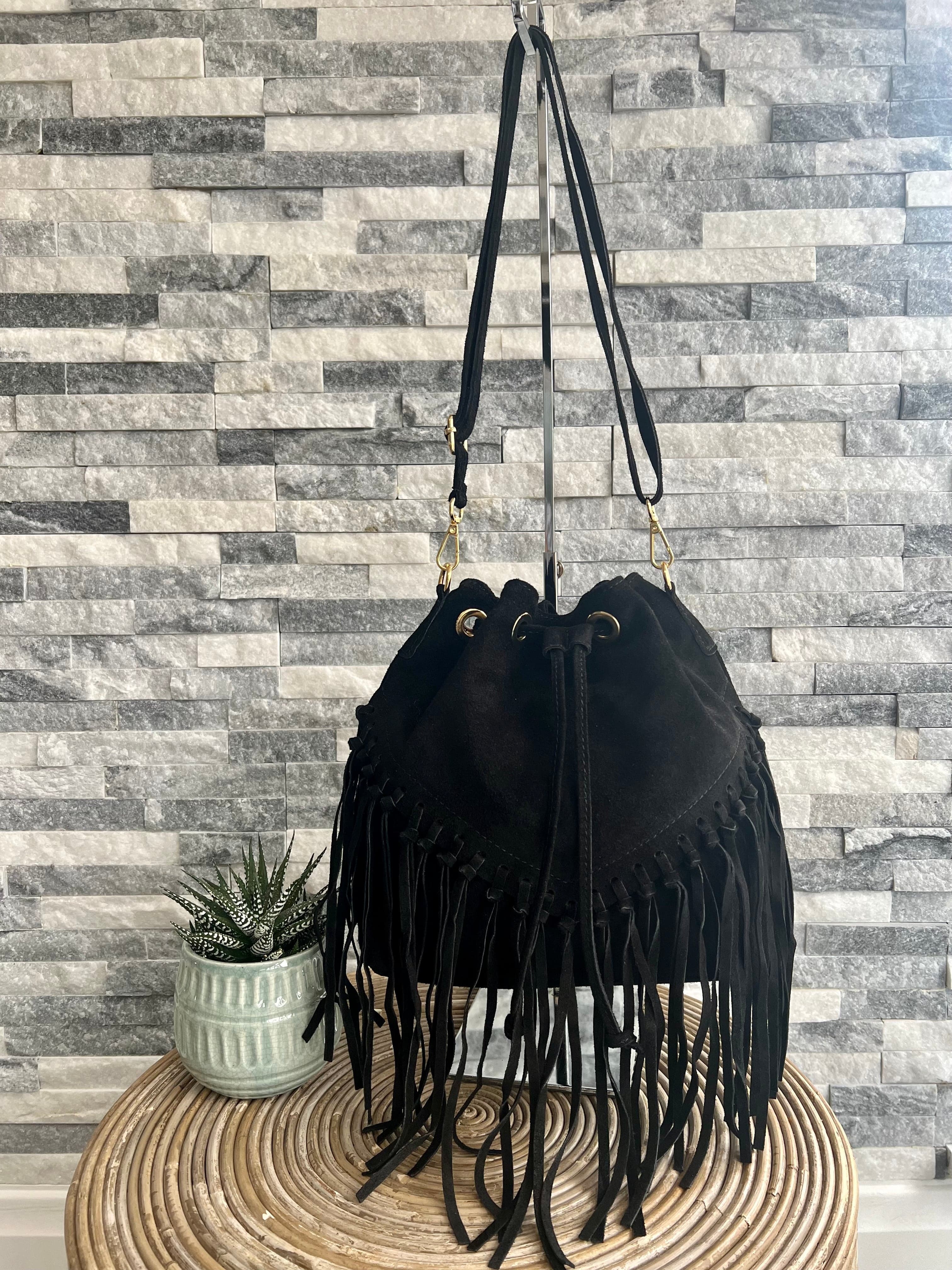 lusciousscarves Handbags Black Leather suede fringed bucket bag