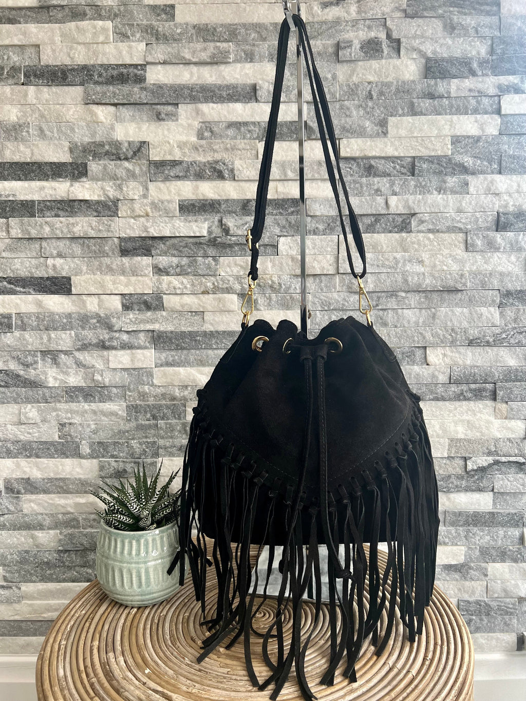 lusciousscarves Handbags Black Leather suede fringed bucket bag