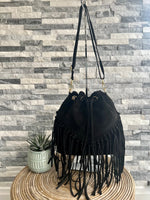 Load image into Gallery viewer, lusciousscarves Handbags Black Leather suede fringed bucket bag

