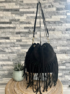 lusciousscarves Handbags Black Leather suede fringed bucket bag