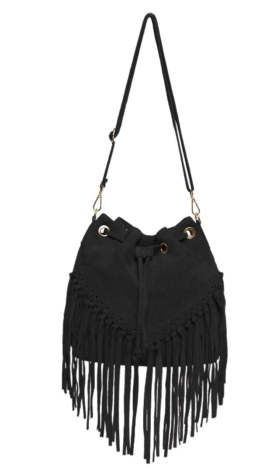 lusciousscarves Handbags Black Leather suede fringed tassels bucket bag / handbag