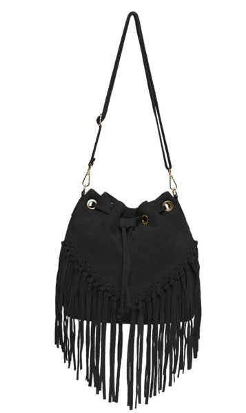 Black Leather suede fringed tassels bucket bag handbag