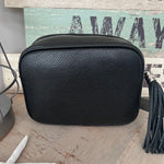 Load image into Gallery viewer, lusciousscarves Handbags Black Leather tassel camera style crossbody bag.
