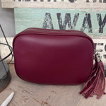 Load image into Gallery viewer, lusciousscarves Handbags Burgundy Leather tassel camera style crossbody bag.
