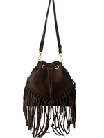 Load image into Gallery viewer, lusciousscarves Handbags Chocolate Brown Leather suede fringed tassel bucket bag / handbag
