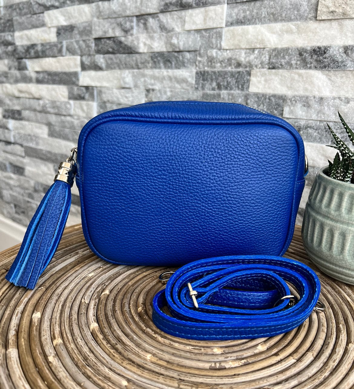 lusciousscarves Handbags Cobalt Blue Leather tassel camera style crossbody bag , Summer Colours