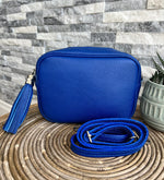 Load image into Gallery viewer, lusciousscarves Handbags Cobalt Blue Leather tassel camera style crossbody bag , Summer Colours
