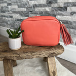 Load image into Gallery viewer, lusciousscarves Handbags Coral Leather tassel camera style crossbody bag , Summer Colours

