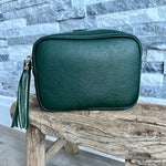 Load image into Gallery viewer, lusciousscarves Handbags Dark Green Leather tassel camera style crossbody bag.
