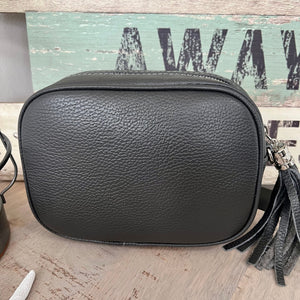 lusciousscarves Handbags Dark Grey Leather tassel camera style crossbody bag.