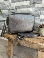 Load image into Gallery viewer, lusciousscarves Handbags Dark Metallic Grey Leather Tassel Crossbody / Camera Bag / Handbag - Summer Colours
