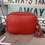 Load image into Gallery viewer, lusciousscarves Handbags Deep Orange Leather tassel camera style crossbody bag.
