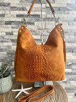Load image into Gallery viewer, lusciousscarves Handbags Deep Tan Leather &amp; Suede Mix croc print hobo bag
