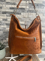 Load image into Gallery viewer, lusciousscarves Handbags Deep Tan Leather &amp; Suede Mix croc print hobo bag
