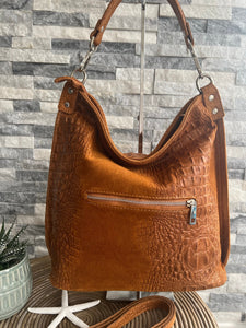 lusciousscarves Handbags Deep Tan Leather & Suede Mix croc print hobo bag