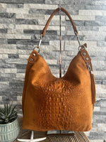 Load image into Gallery viewer, lusciousscarves Handbags Deep Tan Leather &amp; Suede Mix croc print hobo bag
