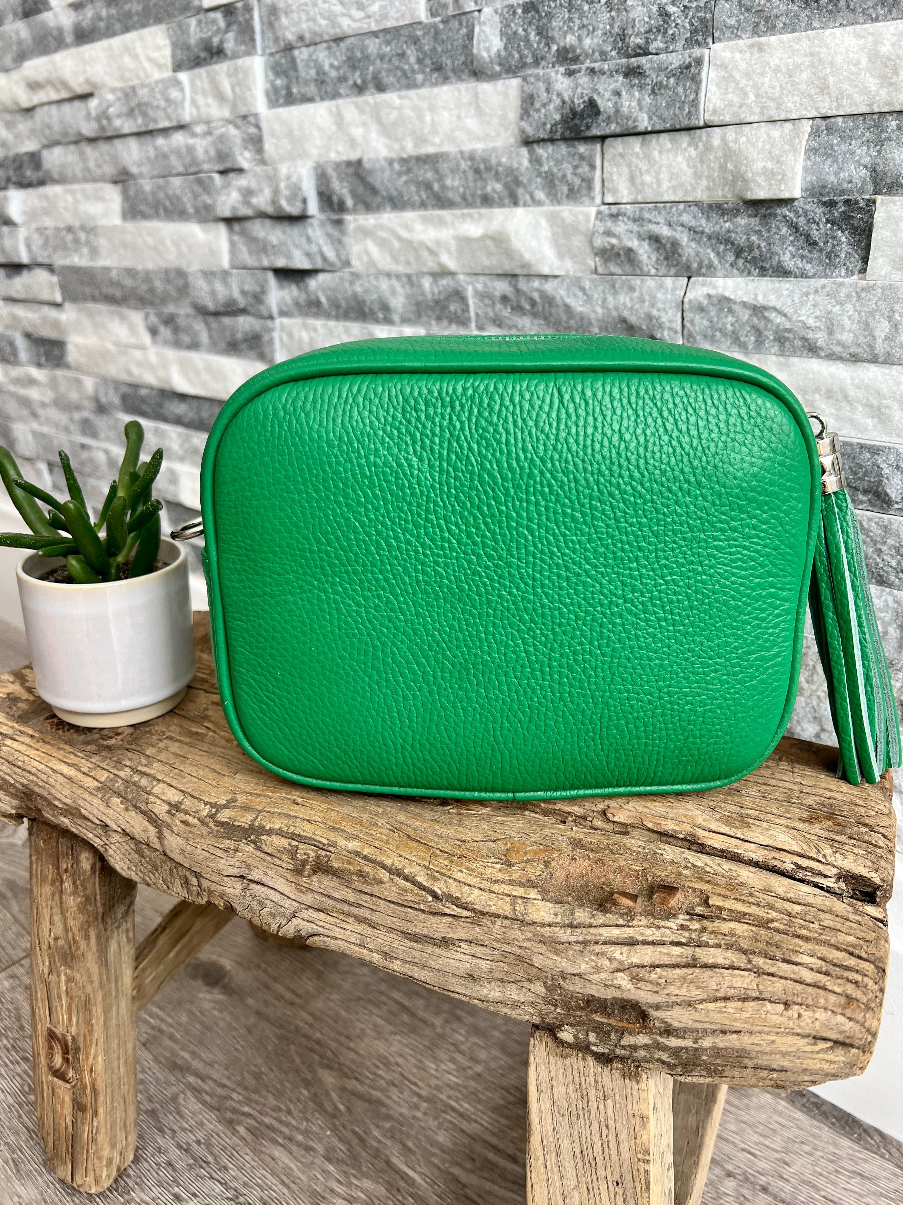 lusciousscarves Handbags Emerald Green Leather tassel camera style crossbody bag , Summer Colours