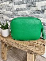 Load image into Gallery viewer, lusciousscarves Handbags Emerald Green Leather tassel camera style crossbody bag , Summer Colours

