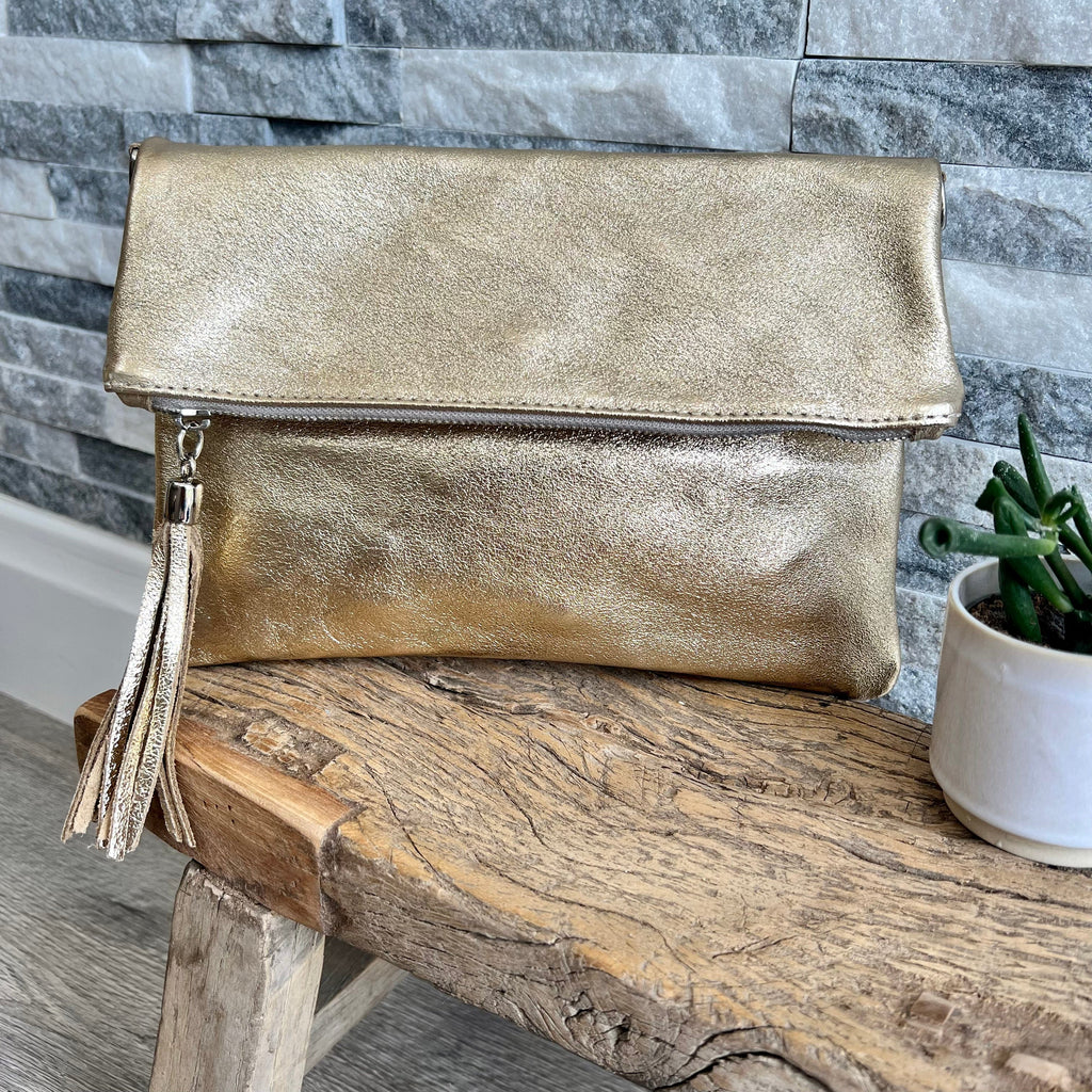 lusciousscarves Handbags Gold Metallic Genuine Leather Clutch Bag