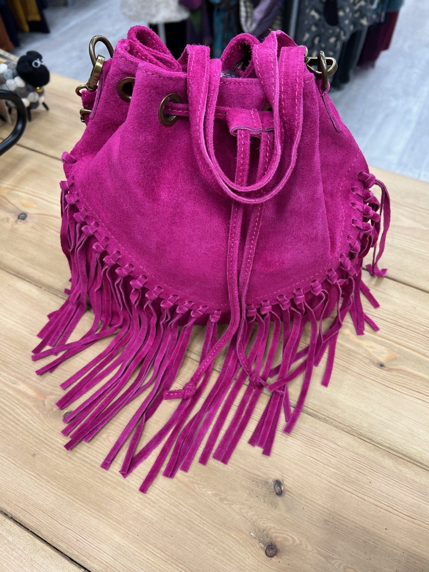 lusciousscarves Handbags Hot Pink Leather suede fringed tassels bucket bag / handbag