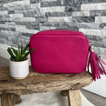 Load image into Gallery viewer, lusciousscarves Handbags Hot Pink Leather tassel camera style crossbody bag , Summer Colours
