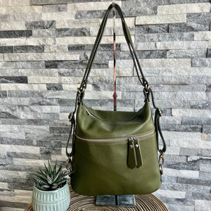 lusciousscarves Handbags Khaki Green Italian Leather Convertible Rucksack Backpack Bag