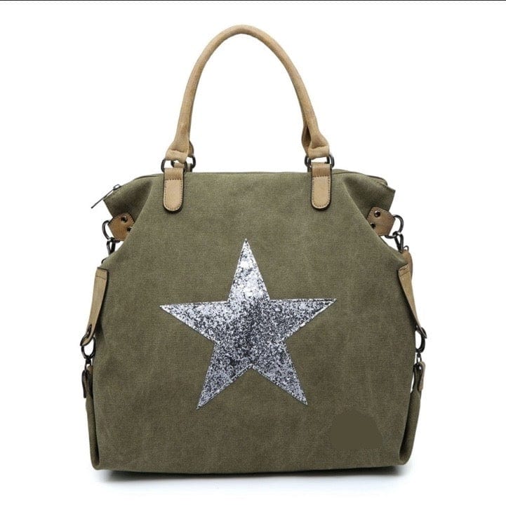 lusciousscarves Handbags Khaki Green Large Canvas Silver Star Bag , Over Night Holdall.