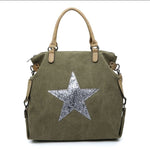 Load image into Gallery viewer, lusciousscarves Handbags Khaki Green Large Canvas Silver Star Bag , Over Night Holdall.
