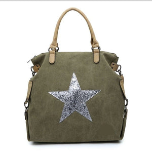 lusciousscarves Handbags Khaki Green Large Canvas Silver Star Bag , Over Night Holdall.