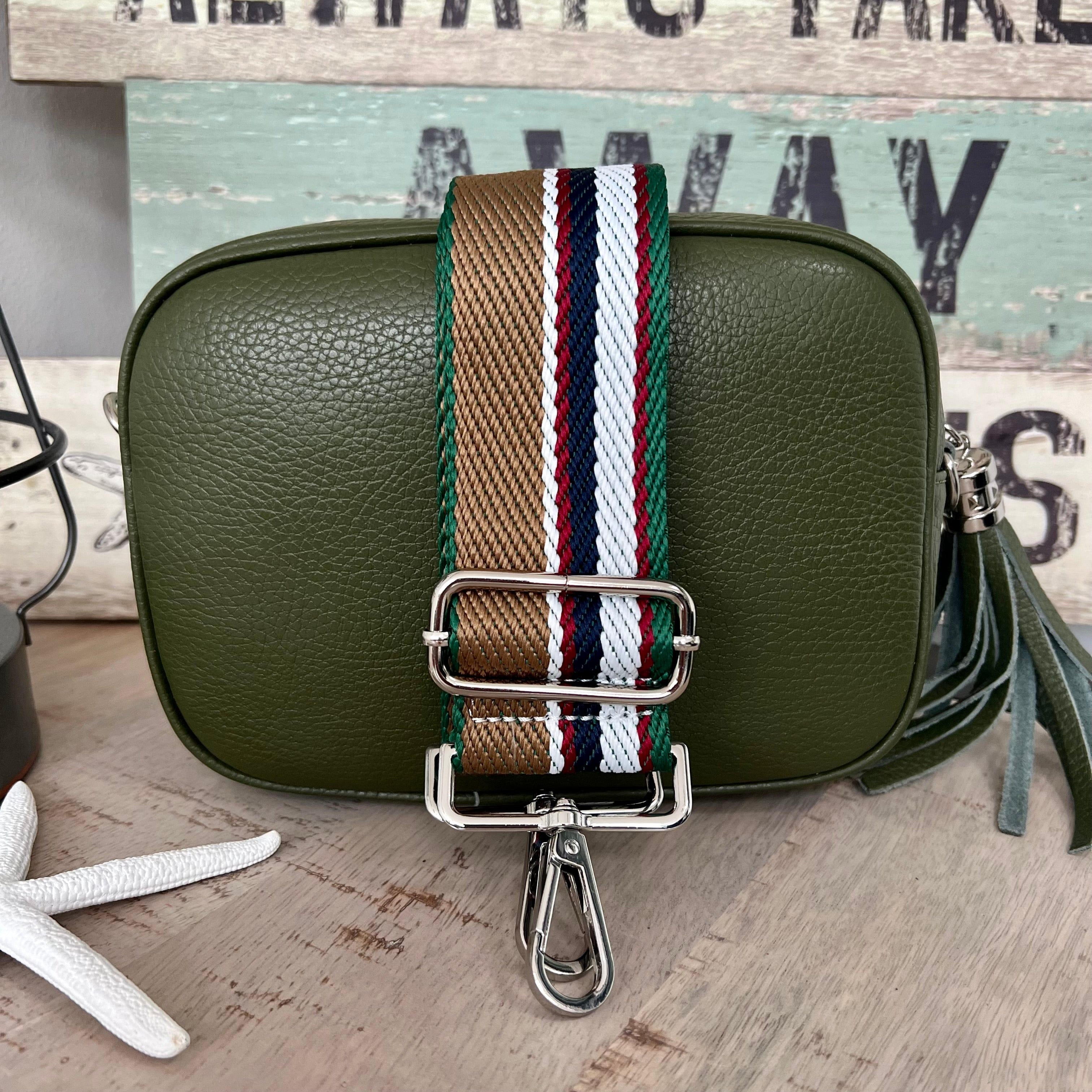 Khaki Italian leather camera style bag with a wide woven strap combo –  lusciousscarves