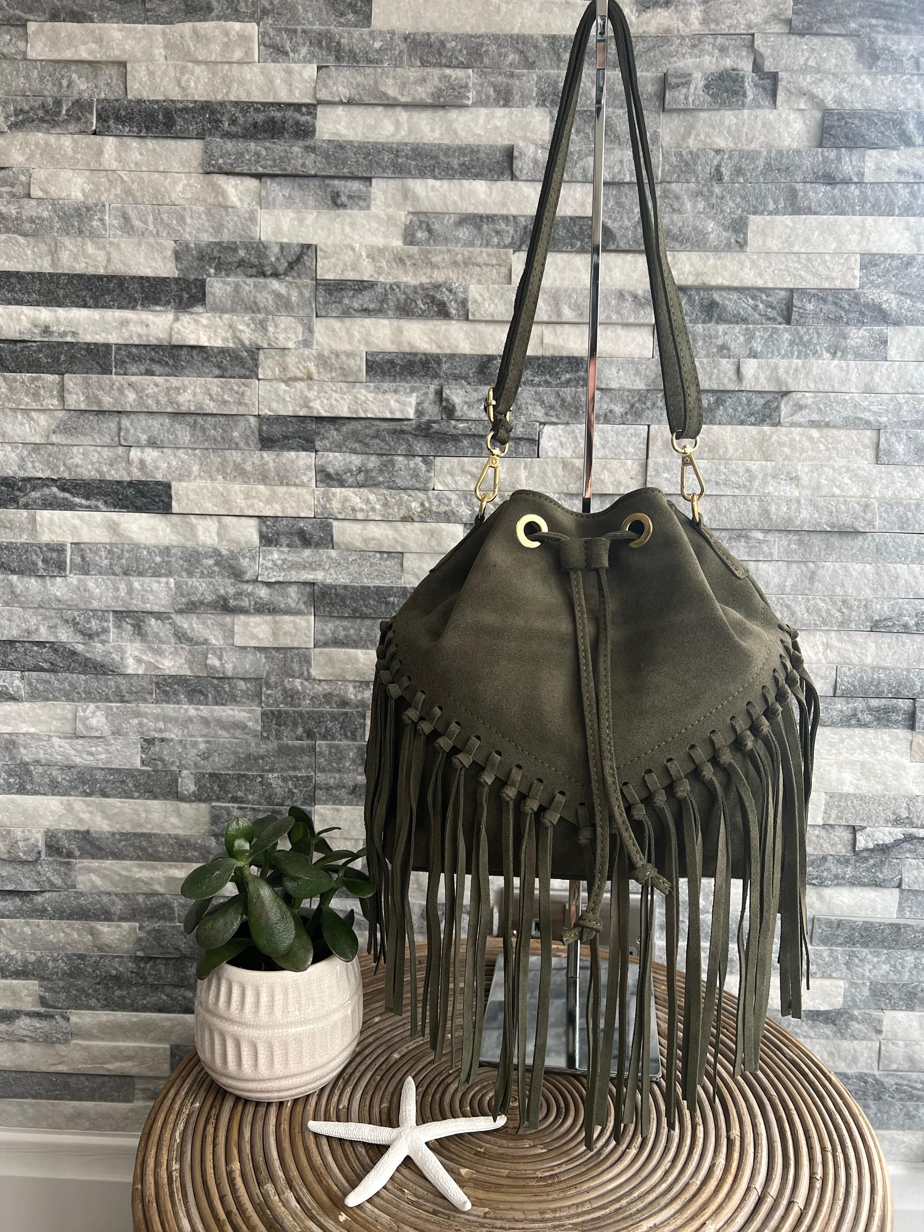 Khaki Leather suede fringed bucket bag – lusciousscarves