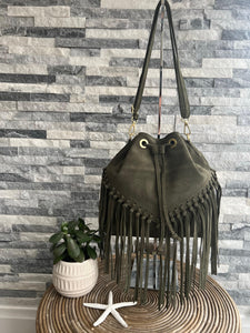 lusciousscarves Handbags Khaki Leather suede fringed bucket bag