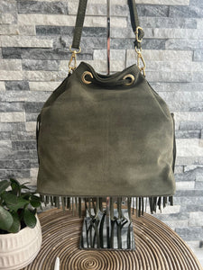 lusciousscarves Handbags Khaki Leather suede fringed bucket bag