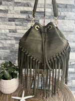 Load image into Gallery viewer, lusciousscarves Handbags Khaki Leather suede fringed bucket bag
