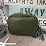 Load image into Gallery viewer, lusciousscarves Handbags Khaki Leather tassel camera style crossbody bag.

