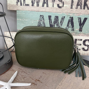 lusciousscarves Handbags Khaki Leather tassel camera style crossbody bag.