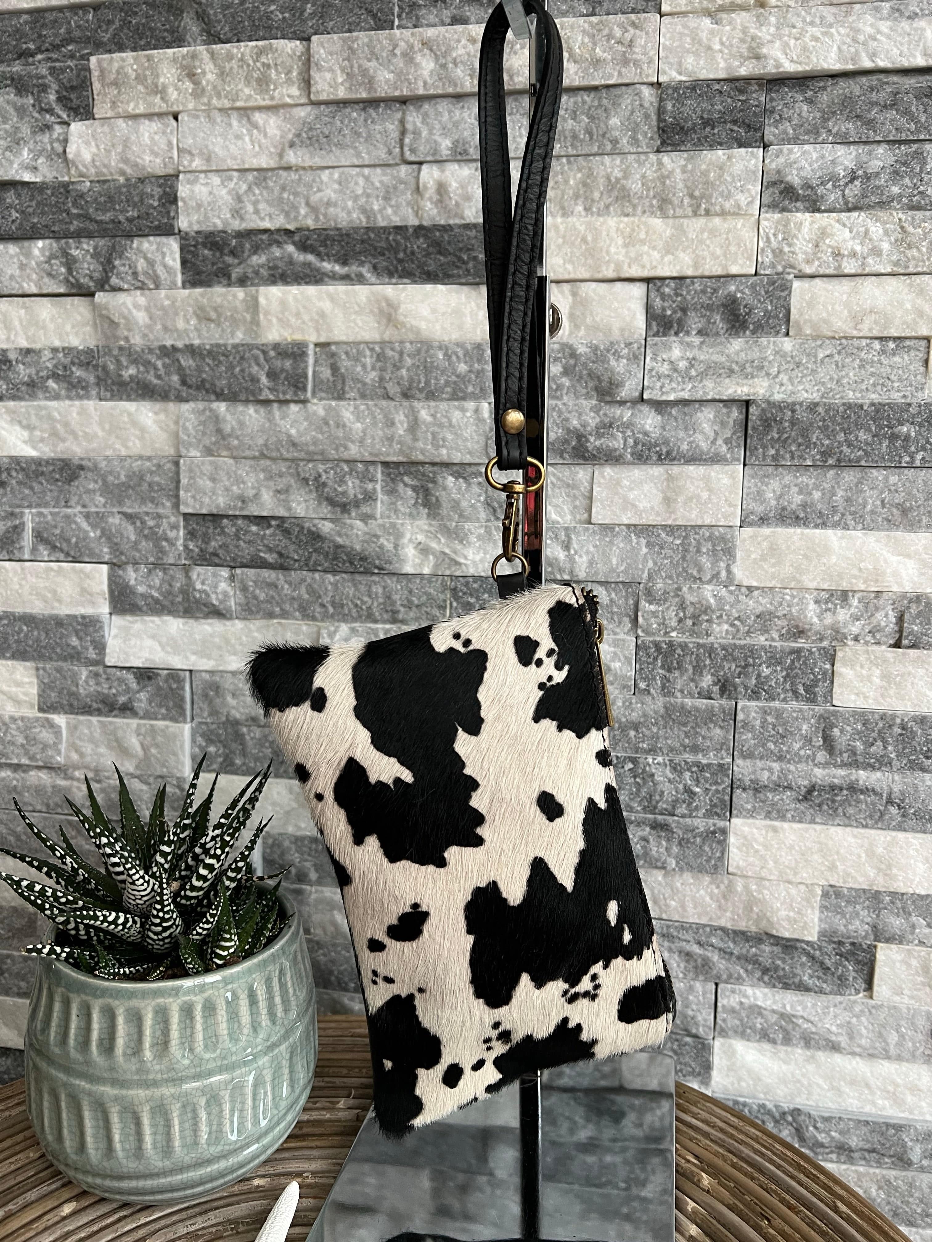 Leather Cow Print Black clutch bag purse