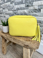 Load image into Gallery viewer, lusciousscarves Handbags Lemon Leather tassel camera style crossbody bag , Summer Colours
