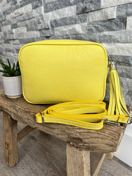 Lemon Yellow Leather Camera Style Bag Crossbody bag Handbag