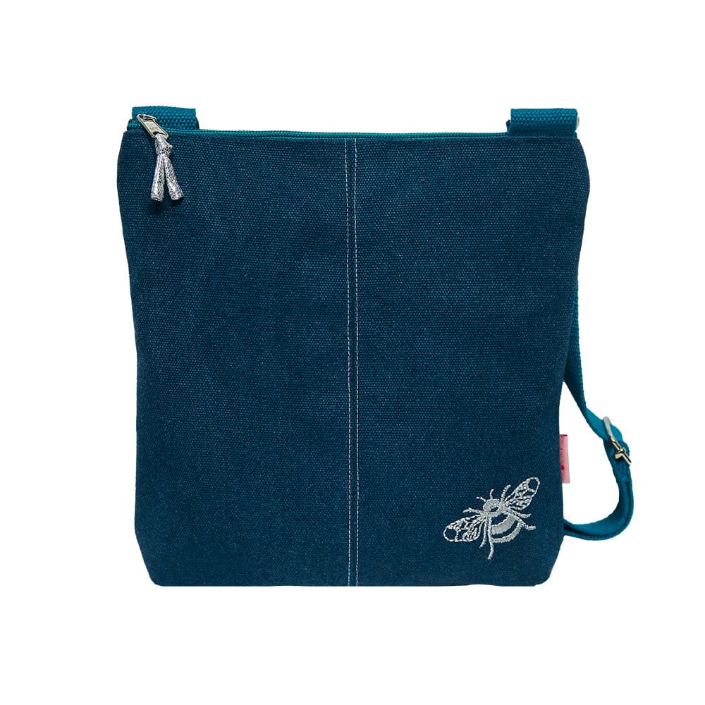 lusciousscarves Handbags Lua Design Messenger Handbag with Embroidered Bees in Dark Blue and Teal