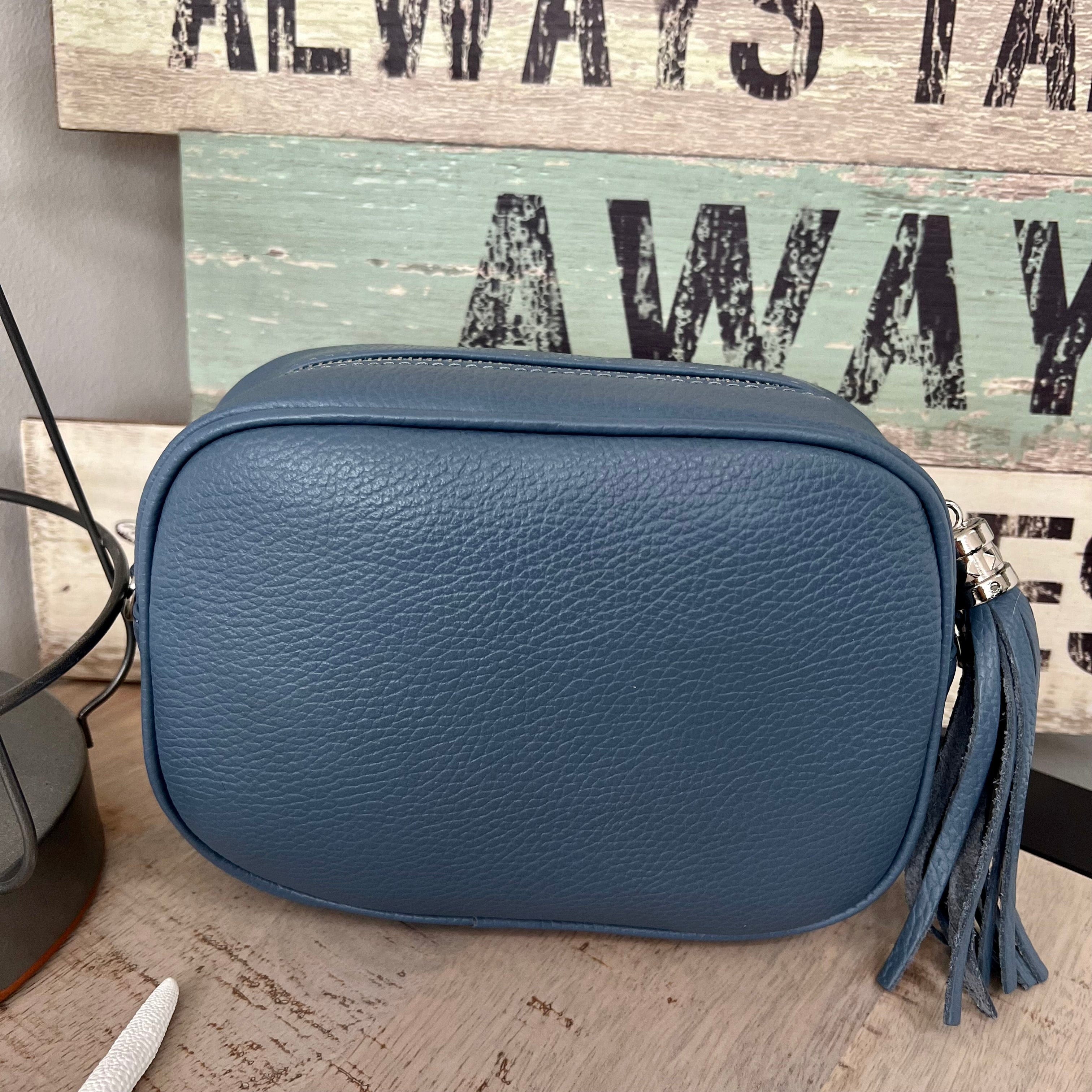 lusciousscarves Handbags Mid Blue Leather tassel camera style crossbody bag.