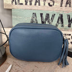 Load image into Gallery viewer, lusciousscarves Handbags Mid Blue Leather tassel camera style crossbody bag.
