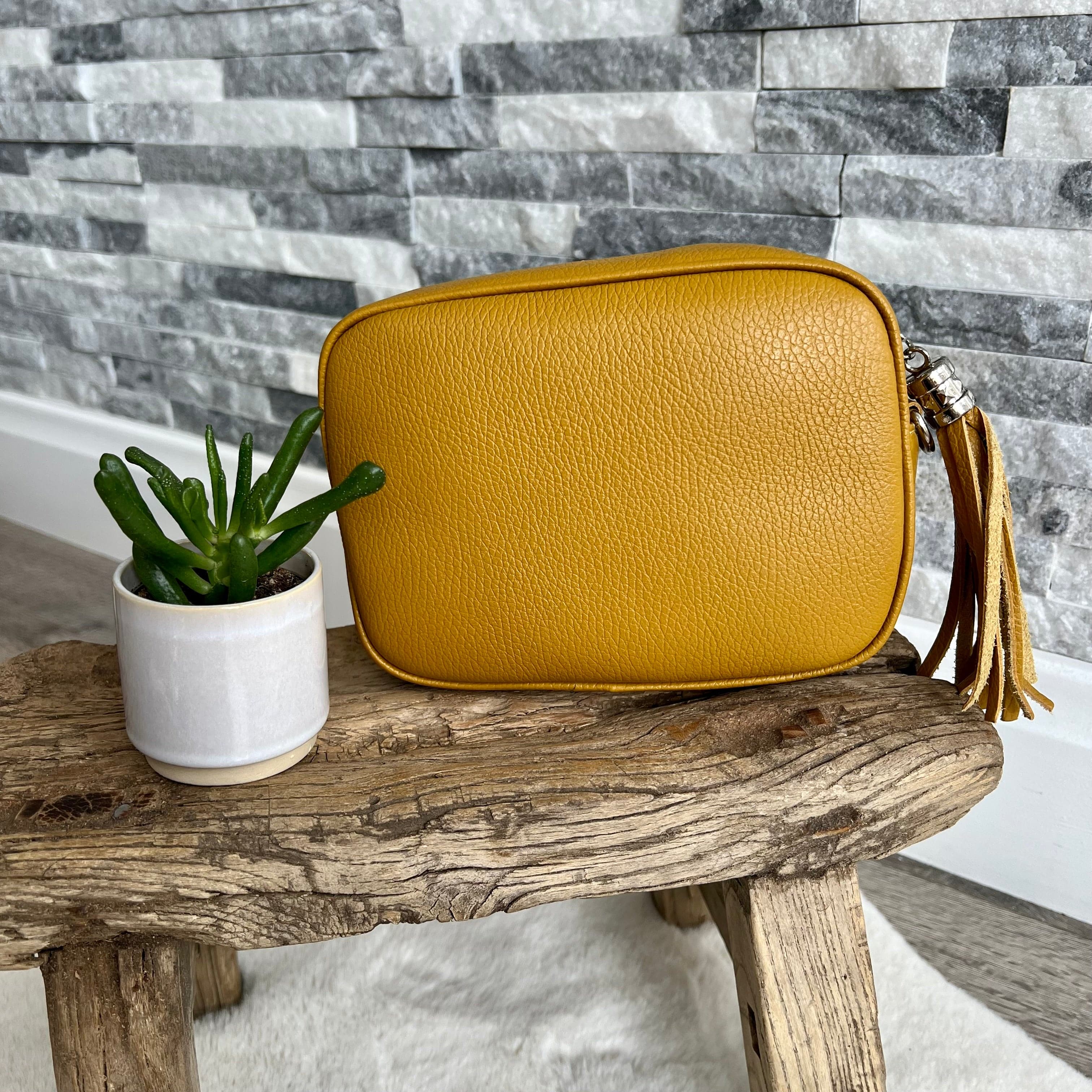 lusciousscarves Handbags Mustard Leather tassel camera style crossbody bag , Summer Colours