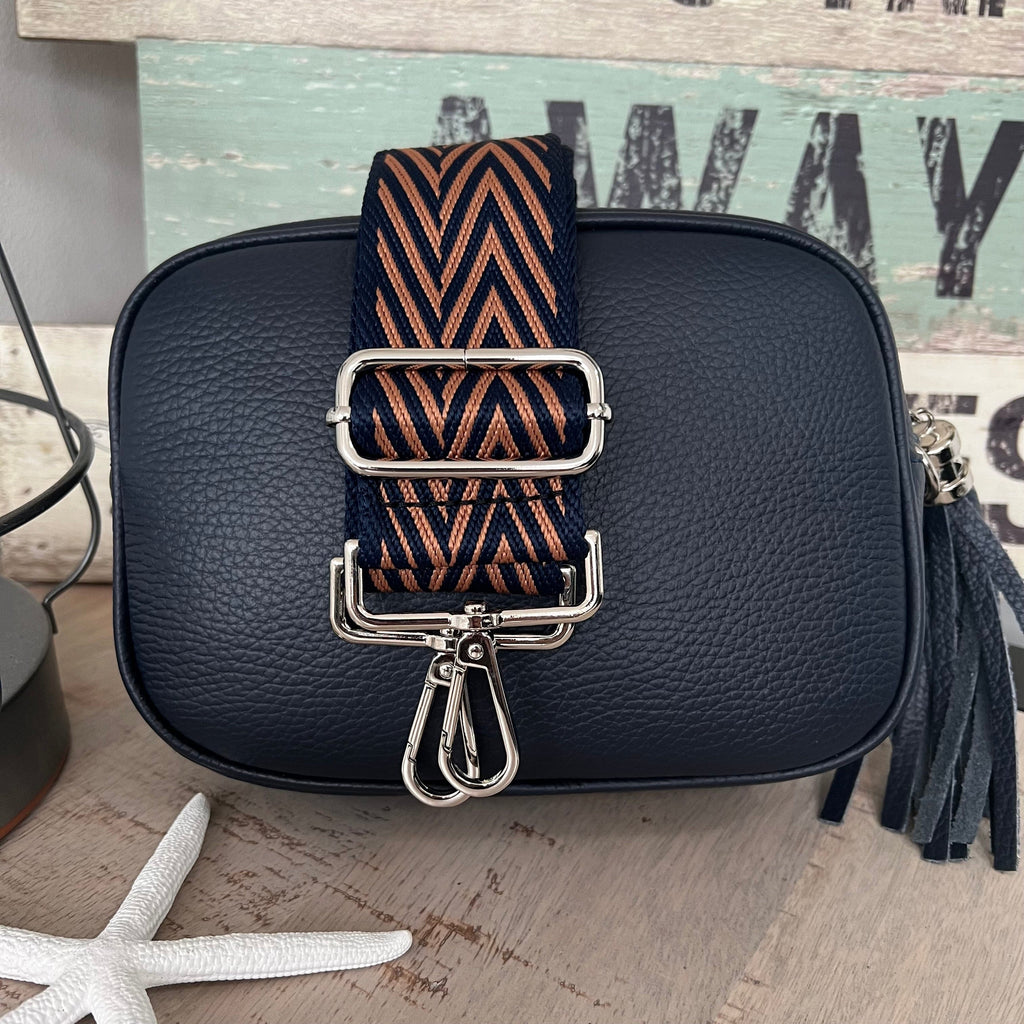 lusciousscarves Handbags Navy Italian leather camera style bag with a wide woven strap combo