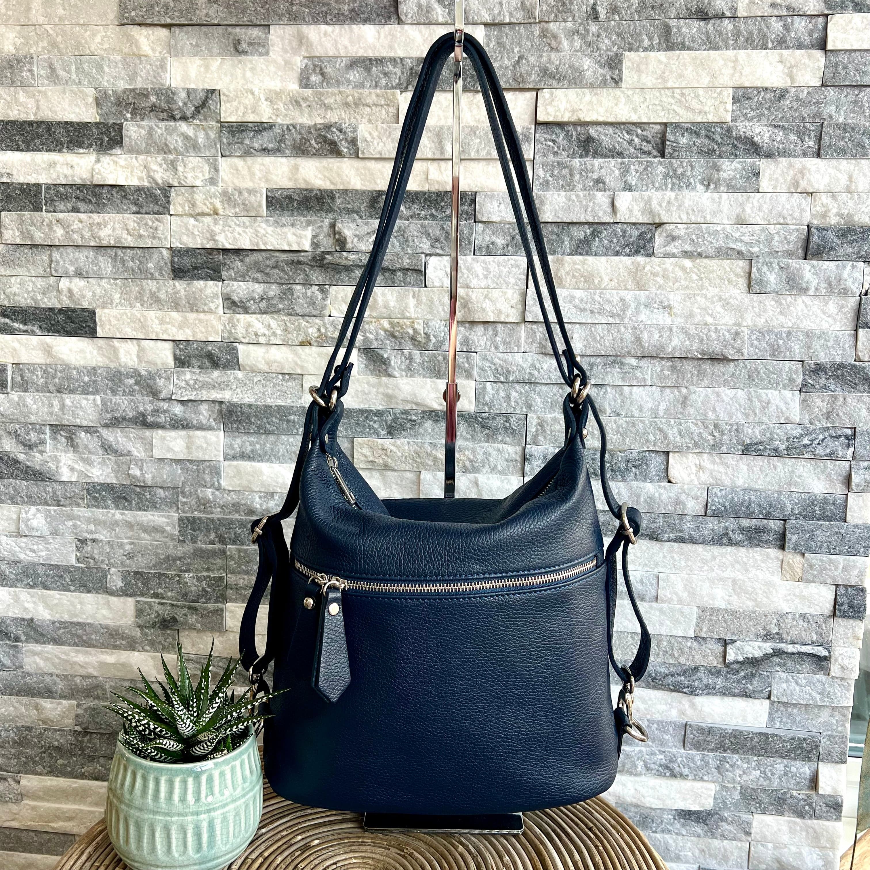 Convertible Italian Leather Backpack Tote Navy